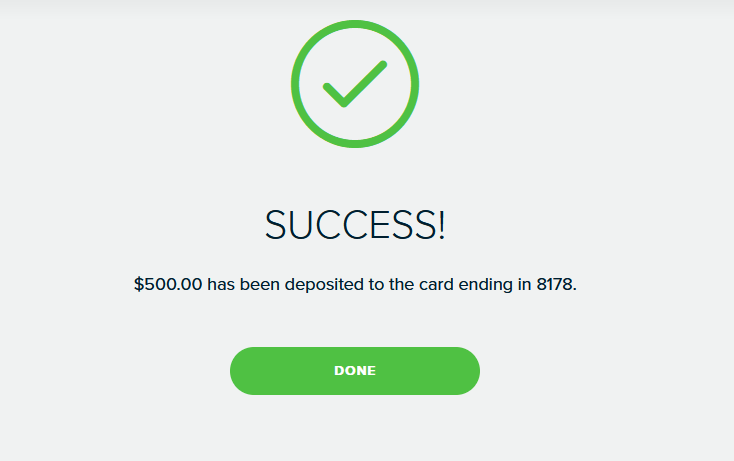 MoneyPak Deposit Success - $500 has been successfully deposited to the card